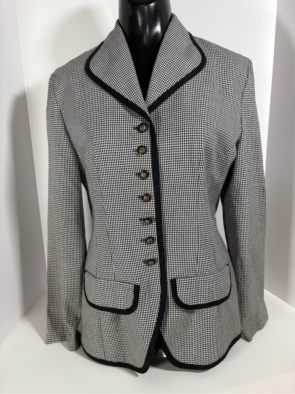 Tailored Black & White Houndstooth Blazer with Contrast Trim-Vintage